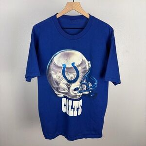 Vintage Indianapolis Colts Big Logo Helmet Spell Out Blue 90s T Shirt Size Large
